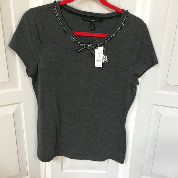 White House Black Market Gray Top w/ Rhinestone Bow Neckline NWT - Picture 3 of 13